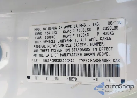 2011 Honda Accord 3.5 Ex-L from USA, damaged, VIN 1HGCS2B83BA000840